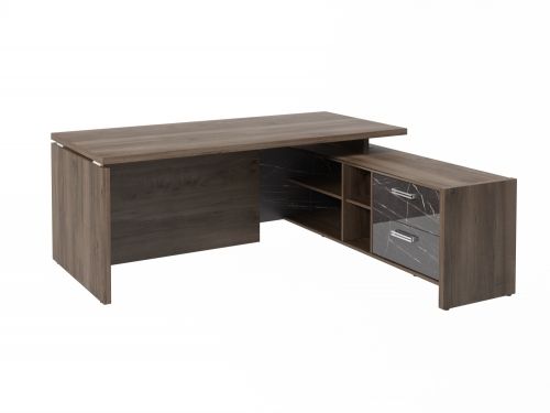 Стол руководителя с опорной тумбой Festus FI-119R.GG 1800x1900x750 (Орех Пацифик Табак/Камень Пьетра Гриджиа черный)